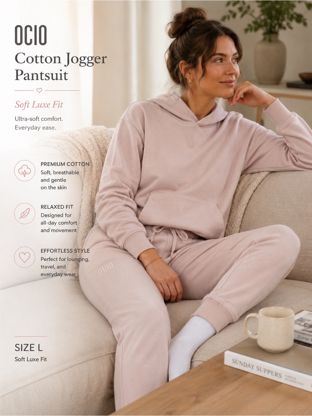 OCIO Cotton Jogger Pantsuit — Beautiful Blush Pink, Soft Luxe Fit